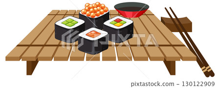 Assorted Sushi Rolls on Wooden Serving Board 130122909