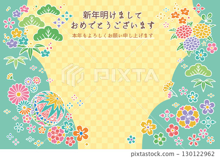 花卉新年賀卡模板素材。按明信片比例製作。 130122962