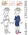 Coloring book of a girl in children's clothes 130122966