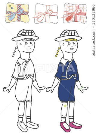 Coloring book of a girl in children's clothes 130122966