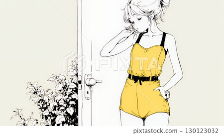 一位女士正在檢查她的腰圍（簡單的顏色） 130123032