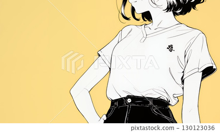 一位女士正在檢查她的腰圍(簡單的顏色) 一位女士正在檢查她的腰圍(簡單的顏色) 130123036