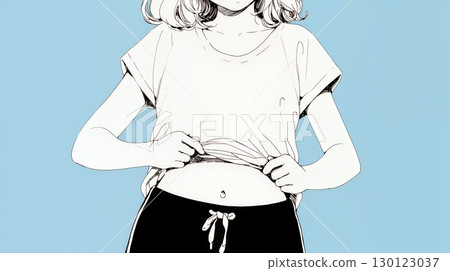 一位女士正在檢查她的腰圍(簡單的顏色) 一位女士正在檢查她的腰圍(簡單的顏色) 130123037