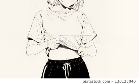 一位女士正在檢查她的腰圍(簡單的顏色) 一位女士正在檢查她的腰圍(簡單的顏色) 130123040
