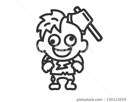 殭屍角色圖示（線條畫）插圖，其中插著一把斧頭 130123059