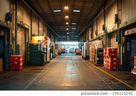 A large warehouse with a lot of boxes and trucks A large warehouse with a lot of boxes and trucks 130123292