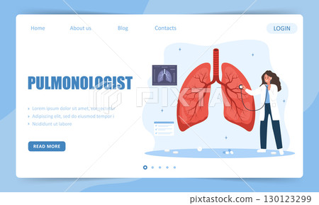 Pulmonologist concept. Landing page template. Female Doctor listening to big realistic lungs with stethoscope. Vector illustration in flat cartoon style 130123299