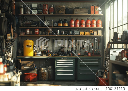 A cluttered garage with many tools and supplies 130123313