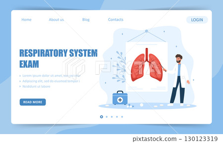 Respiratory system exam. Landing page template. Male Doctor treat tuberculosis. Vector illustration in flat cartoon style 130123319