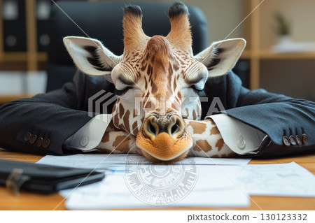 A giraffe is wearing a suit and appears to be sleeping 130123332