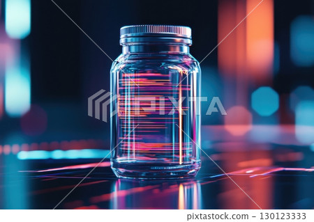A jar is sitting on a table with a blue background 130123333
