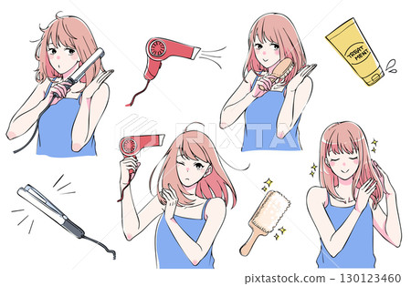 一位女士使用吹風機、直髮器和護髮產品的插圖 一位女士使用吹風機、直髮器和護髮產品的插圖 130123460