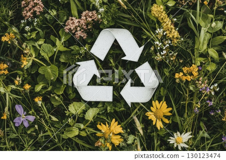 Large White Recycle Symbol on Vibrant Greenery 130123474
