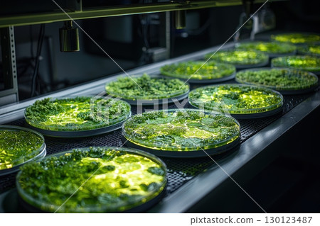 Laboratory Bench with Multiple Petri Dishes of Cultures 130123487