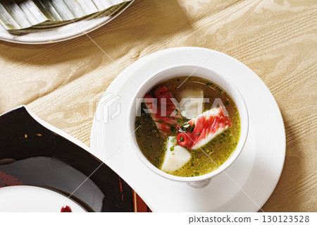 Aerial view of stylish table cooking image Soup image Aerial view of stylish table cooking image Soup image 130123528