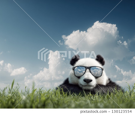A panda bear is laying in the grass with sunglasses on its face A panda bear is laying in the grass with sunglasses on its face 130123554