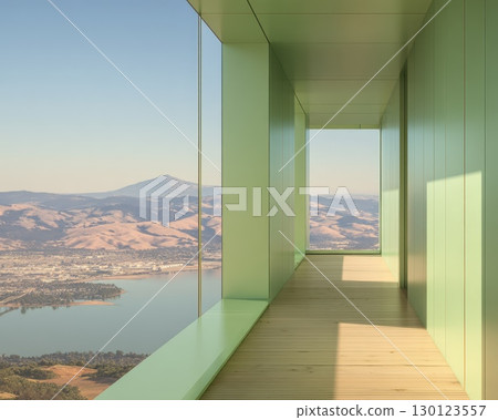 A long hallway with a view of a city and a lake 130123557