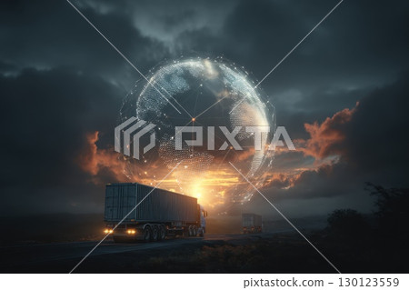 A truck is driving down a road with a glowing globe in the background A truck is driving down a road with a glowing globe in the background 130123559