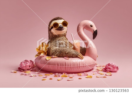 Stylish Sloth Relaxing on Pink Flamingo Float with Sunglasses 130123563