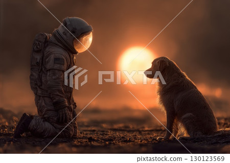 A man in a space suit is kneeling down next to a dog 130123569