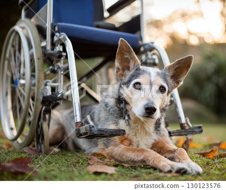 Loyal Dog Resting Under Wheelchair Seat with Gentle Expression 130123576