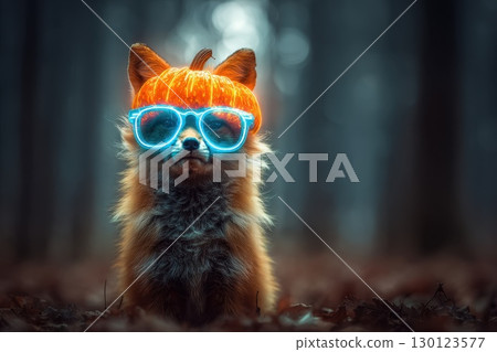 A fox wearing glasses and a pumpkin hat is sitting on the ground 130123577