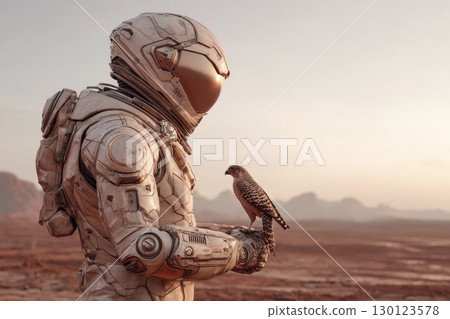A man in a white spacesuit holding a bird 130123578