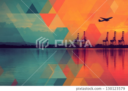 A colorful abstract painting of a plane flying over a body of water with a city 130123579