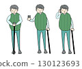 Color illustration of an old man holding a cane and a cell phone 130123693