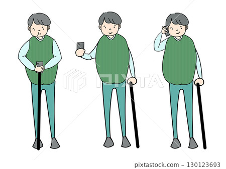 Color illustration of an old man holding a cane and a cell phone 130123693