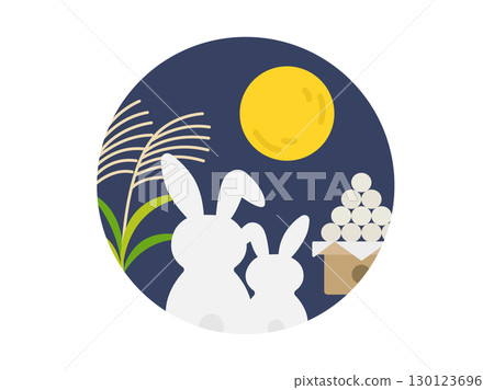Moon viewing illustration | Illustration of a full moon, silver grass, moon viewing dumplings, and a parent and child rabbit Moon viewing illustration | Illustration of a full moon, silver grass, moon viewing dumplings, and a parent and child rabbit 130123696