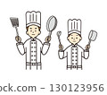 Male and female chefs facing forward with frying pans and pots in their hands 130123956
