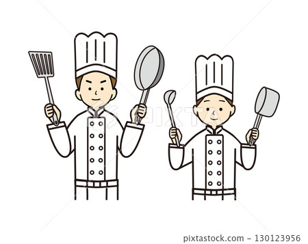 Male and female chefs facing forward with frying pans and pots in their hands 130123956