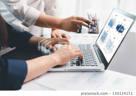 Business meeting, data analytics or women with graph presentation in office. Chart, analysis accounting team brainstorming economy, inflation or solution. business project finance investment concept. 130124151