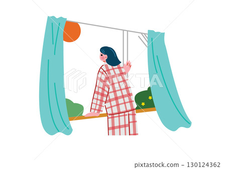 一位女士早上醒來，打開窗戶 130124362