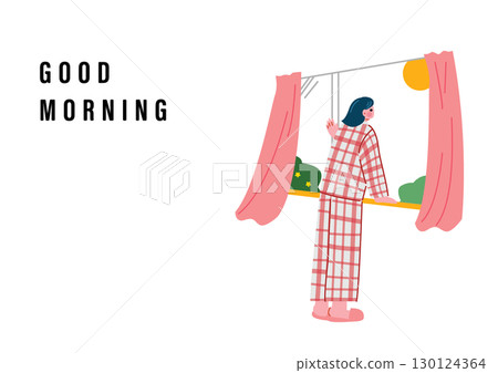 A woman wakes up in the morning and opens the window 130124364