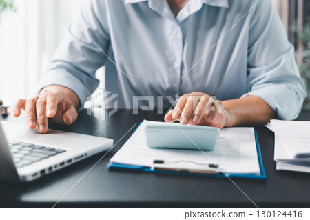 Business person with contract law and paper work for business finance, loan application form, contract real estate and insurance concept. signing contract, working on desk, business document 130124416