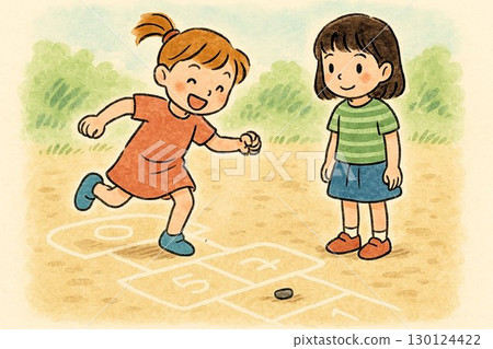 Girls playing hopscotch Girls playing hopscotch 130124422