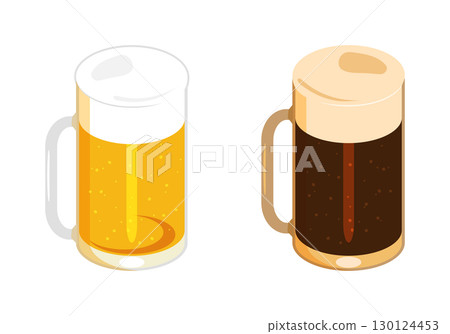 Illustration of beer and dark beer poured into a mug set (left) 130124453