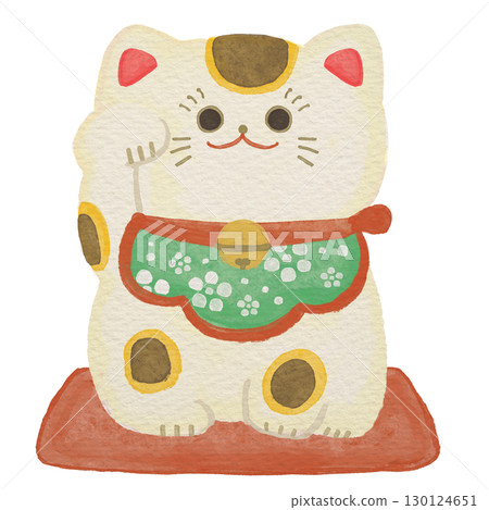 水彩畫招財貓在畫紙上舉起右爪 130124651