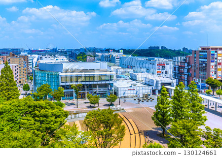 Yokohama cityscape in Japan, overlooking the subway and Center-Minami Station. Center-Kita Station is in the back left of the center (August 24, 2025) 130124661