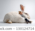 French girl leaning on giant rabbit 130124714