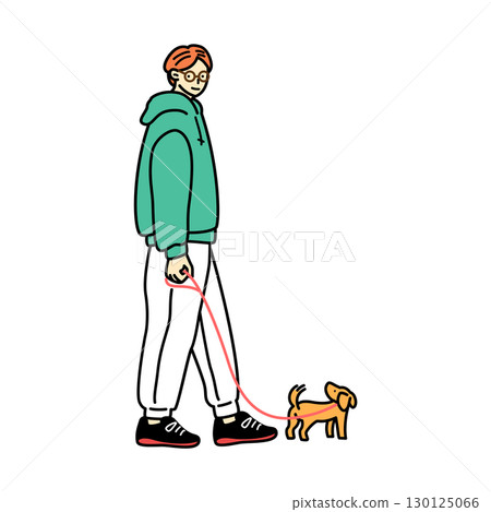 Illustration of a man walking his dog. A person in casual clothes walking with his pet. 130125066