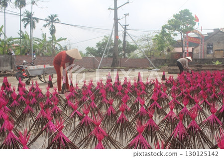 August 18, 2025. Chu Van An, Hai Phong, Viet Nam. woman drying incense in the yard August 18, 2025. Chu Van An, Hai Phong, Viet Nam. woman drying incense in the yard 130125142