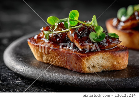 Close-Up of Foie Gras with Fig Chutney on Toasted Brioche 130125214