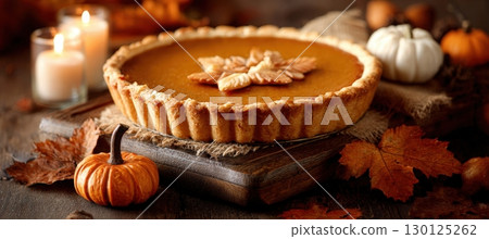 Freshly Baked Pumpkin Pie with Decorative Leaves and Jack-o'-Lantern Candle 130125262