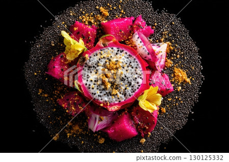 Macro Shot of Chia Pudding with Dragon Fruit and Bee Pollen 130125332