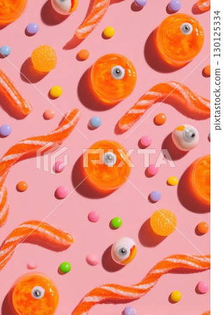 Vibrant Halloween Candy Border with 3D Jelly Eyeballs and Colorful Sweets 130125334