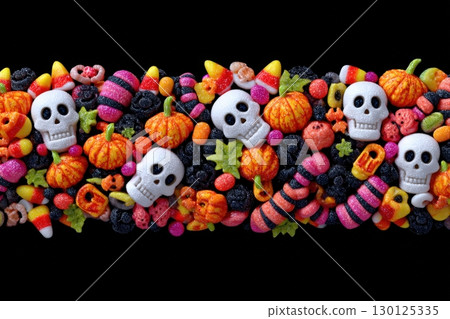 Colorful Halloween Candy Border with Skulls and Pumpkins in Wreath Style 130125335