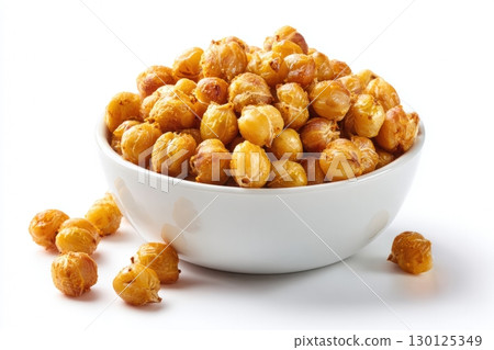 Oven-Roasted Chickpeas in Ceramic Dish on White Background 130125349